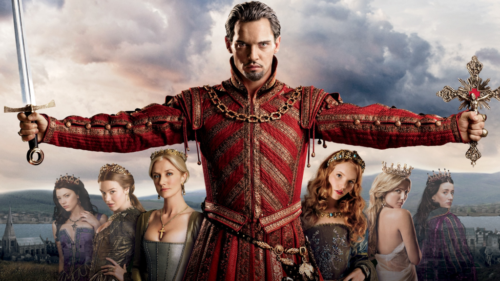 A promo image for the Showtime series, The Tudors, with Jonathan Rhys Meyers standing in the middle, holding a cross and a sword; the wives are arrayed behind him.