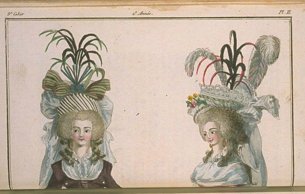 Two women in outrageously large coiffures made of puffed  and trailing gauze, and with rooster feather aigrettes standing up from the top and drooping down.