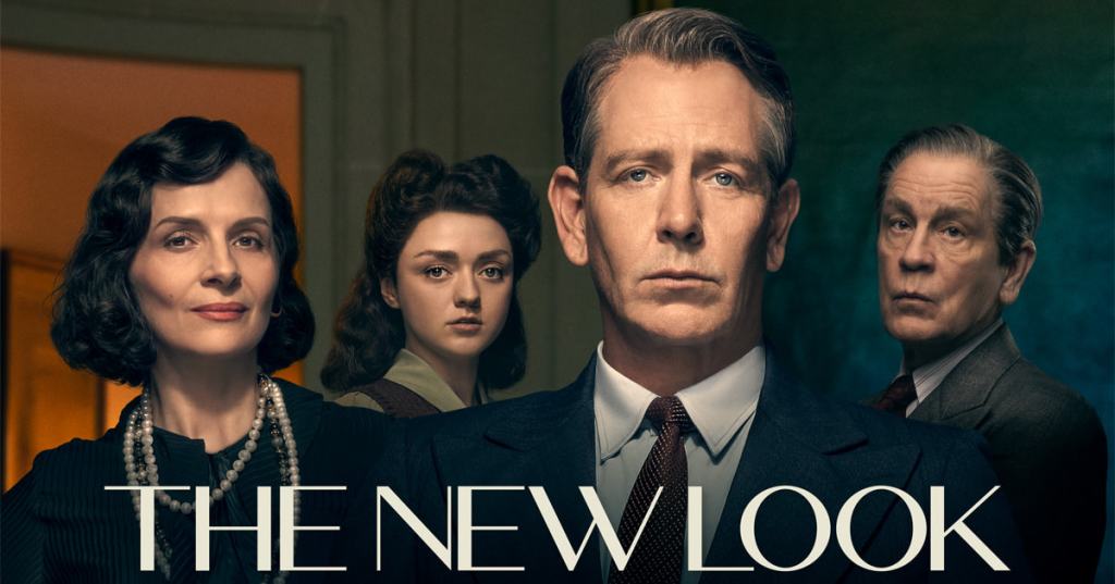 A promo graphic for The New Look, with Chanel, Catherine and Christian Dior, and Lucien Lelong standing in a row and facing the viewer.